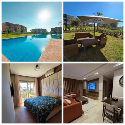 a collage of pictures of a hotel room with a pool at Oasis Argan Garden Apartment Golf Argan Marrakech Pool 10min Airport in Marrakech
