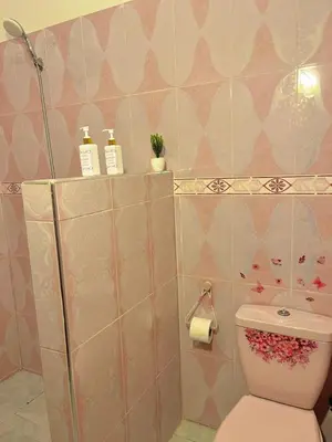a bathroom with a toilet and a pink tiled wall at Spacieux Appart 2 chambres 6 Pers 12min Aéroport in Marrakech