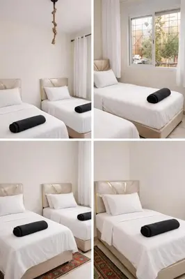 three different views of a bedroom with two beds at Appartement 2 Chambres Marrakech Targa Parking WiFi in Marrakech