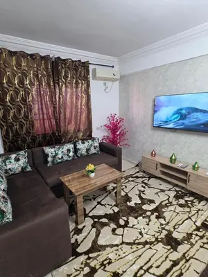 a living room with a couch and a tv at apartt le Palmier de Guéliz in Marrakech