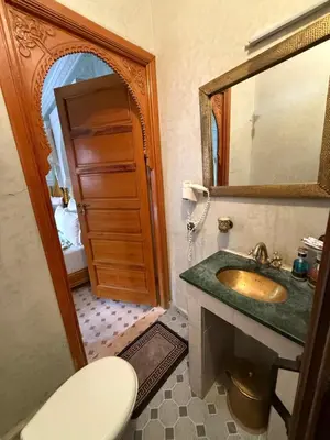 a bathroom with a sink and a toilet and a mirror at Riad Jenan Adam in Marrakech