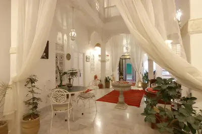 a living room with a table and some plants at Riad Morocco Sky in Marrakech