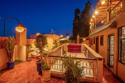 an outdoor patio with plants and lights at night at Riad Sun of Kech in Marrakech