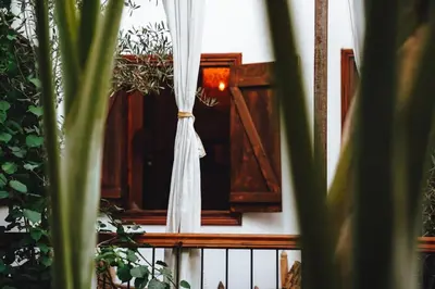 a window with a curtain and some plants at La Ferme Medina in Marrakech