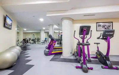 a gym with purple treadmills and exercise bikes at Hotel Ayoub & Spa in Marrakech