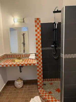 a bathroom with a shower with a sink and a mirror at Riad Dihya in Marrakech