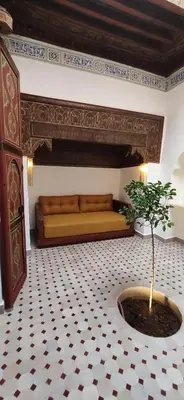 a bedroom with a bed and a potted tree at Dar Andamaure in Marrakech