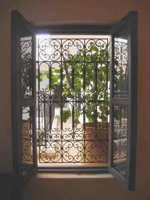a window with a view of a garden through it at Riad Linda in Marrakech