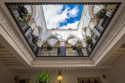 a ceiling in the lobby of a building with plants at Riad Nesma Suites & Spa in Marrakech