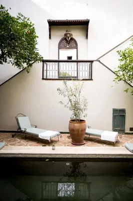 a patio with a potted plant next to a building at Riad Le Rihani in Marrakech