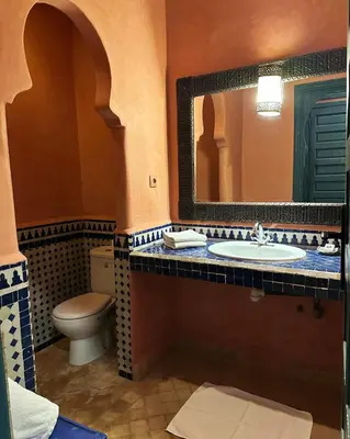 a bathroom with a sink and a toilet and a mirror at Palais Riad Berbère in Marrakech