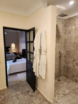 a bathroom with a shower and a door to a bedroom at Riad Alboraq in Marrakech