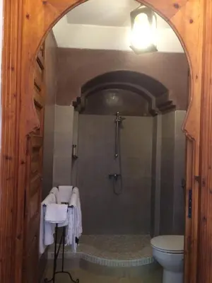 a shower stall in a bathroom with a toilet at Riad Irene in Marrakech