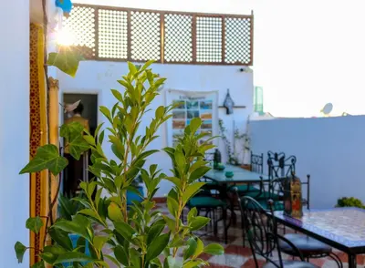 a patio with a table and chairs and a plant at Dar Habache in Marrakech