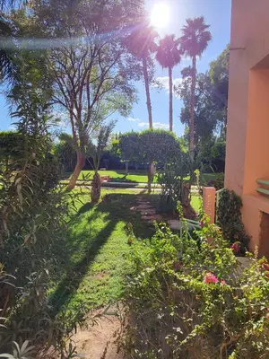 a garden with palm trees and the sun in the background at Oxygène in Marrakech