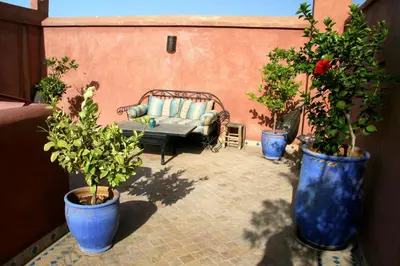 a patio with a couch and two potted plants at Riad Tahar Oasis in Marrakech