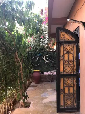 a door in a garden with a bike in the background at Flashback House in Marrakech