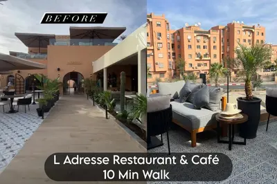 avisor shot of a restaurant and cafe in a city at Oranger Family House Marrakech City Center in Marrakech
