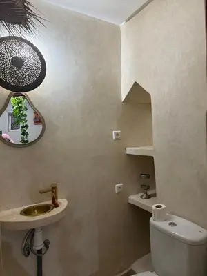 a bathroom with a sink and a toilet and a mirror at Riad Sarsar Dar dmana in Marrakech