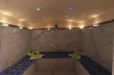 a bathroom with a shower with two bows on the wall at Riad Rêves D'orient & Spa in Marrakech