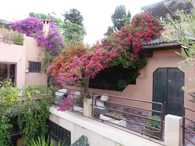 a balcony filled with flowers on a building at Riad Malika in Marrakech