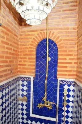 a bathroom with a shower with a blue tiled wall at Riad Alida in Marrakech