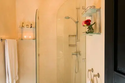 a bathroom with a shower with a flower in a vase at Riad Elizabeth in Marrakech