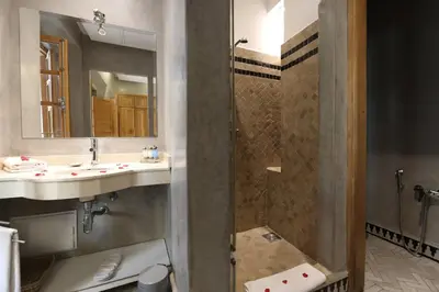 a bathroom with a shower and a sink at Riad L'Etoile D'Orient in Marrakech