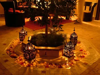 a tree in a planter with lights around it at Riad Marhbabikoum in Marrakech