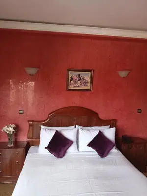 a bedroom with a bed with a red wall at Hotel Al Kabir in Marrakech