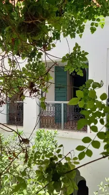a window with a green shutter on a balcony at Dar El Kharaz in Marrakech