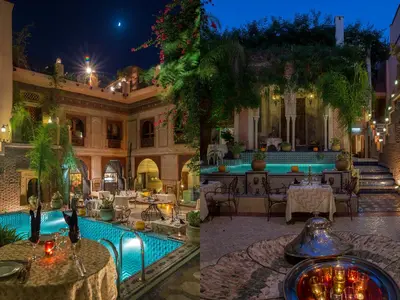 two photos of a mansion with a pool at night at Riad Palais Sebban in Marrakech
