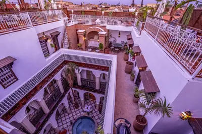 an overhead view of a building with a balcony at Riad Safran et Cannelle & Spa in Marrakech