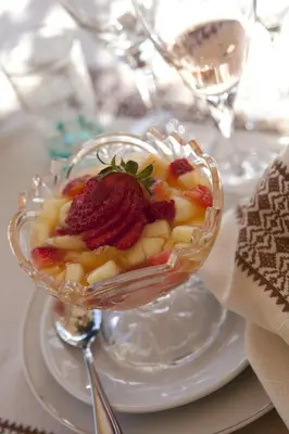 a dessert in a glass dish on a table at Riad Le Rubis in Marrakech