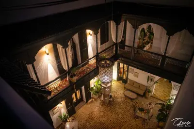 an overhead view of a living room with at Riad Zoraida in Marrakech
