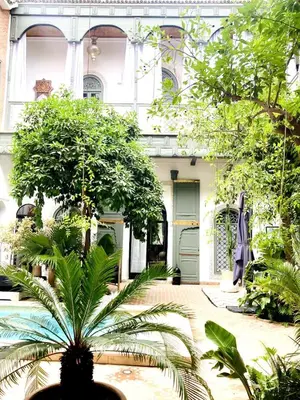 a house with a palm tree in front of it at Riad Rafaele & SPA in Marrakech