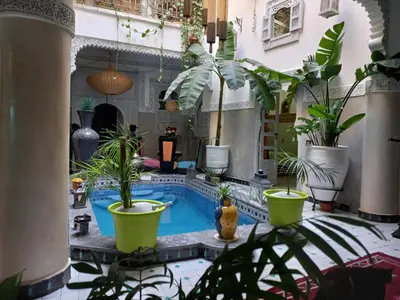 a courtyard with a pool with plants in pots at Riad Eloise in Marrakech