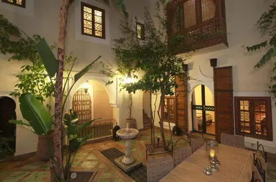 a room with many plants and tables and windows at Riad El Youssoufi in Marrakech