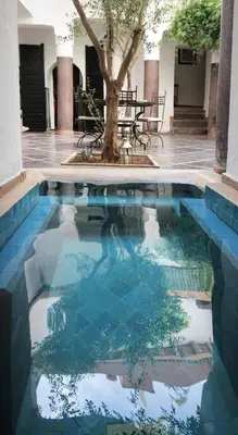 a pool with a tree in the middle of a courtyard at Riad Essaada in Marrakech
