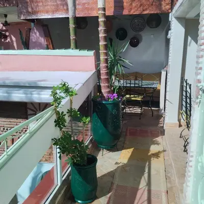 a balcony with two plants in buckets on a house at Riad Laith in Marrakech
