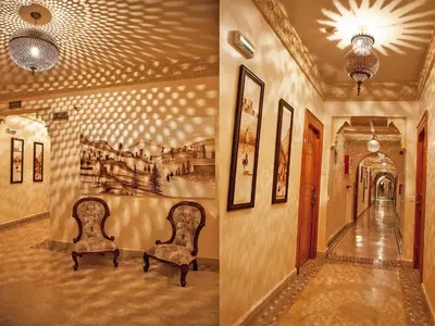 two pictures of a hallway with two chairs in a building at Hotel Lawrence d'Arabie in Marrakech