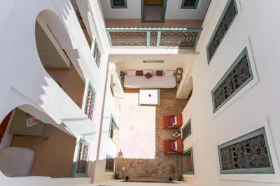 an overhead view of a hallway in a building at Riad Dar Aicha en Exclusivité in Marrakech