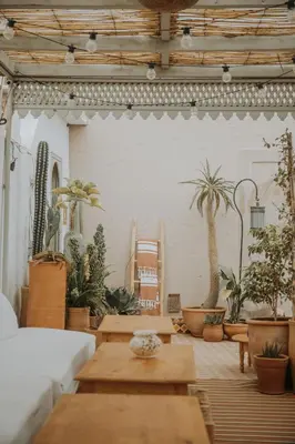 a living room filled with lots of potted plants at Riad Oriental Glory & Spa in Marrakech