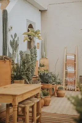 a patio with lots of potted plants and a table and chairs at Riad Oriental Glory & Spa in Marrakech
