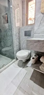 a white bathroom with a toilet and a shower at Riad de Vincent in Marrakech