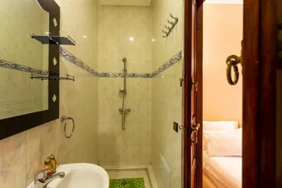 a bathroom with a shower with a sink and a mirror at Riad Aymane in Marrakech
