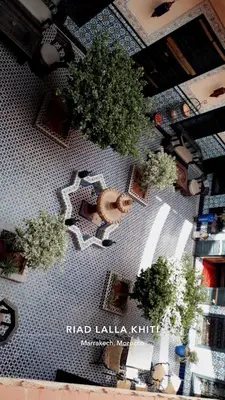 an overhead view of a garden with potted plants at Riad Lalla Khiti in Marrakech