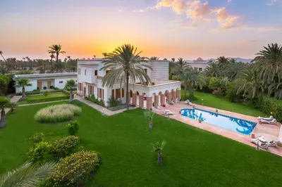 an aerial view of a villa with a swimming pool at Domaine Rosaroum in Marrakech