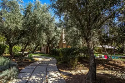 a walkway in a park with trees and a building at Villa Atlas de Luxe avec piscine privée Domaine des Kasbahs in Marrakech
