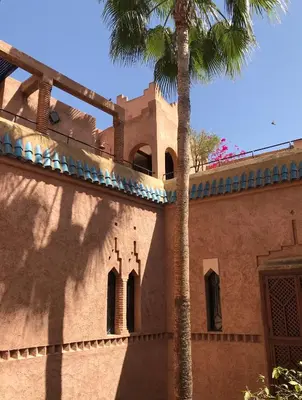 a building with a palm tree in front of it at Riad Zahir in Marrakech